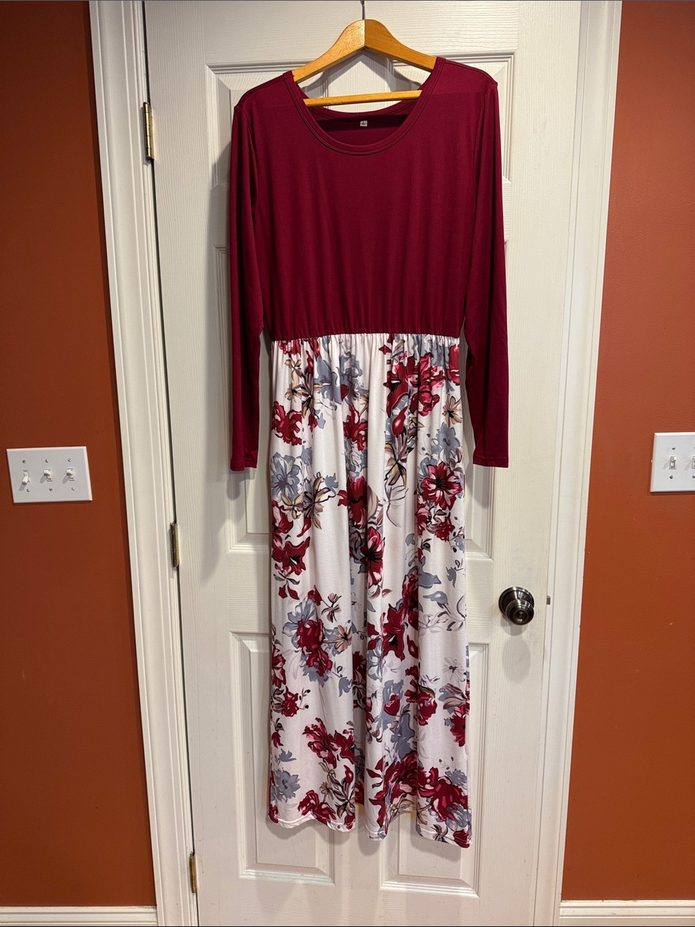 Long Sleeve Burgundy and Floral Maxi Dress